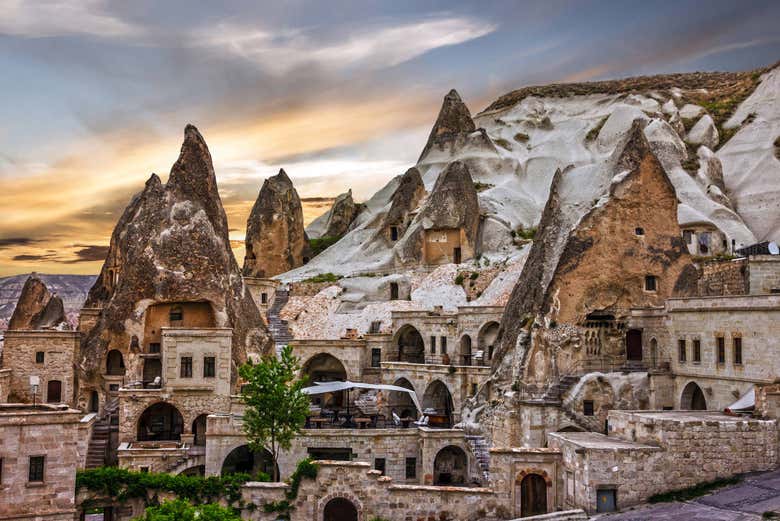 A panoramic view of Cappadocia at dusk